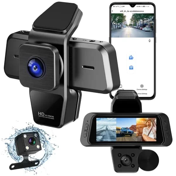 Dash Cam WiFi a 3 Canali 1080P FUD 170° ° Telecamera Tripla per Auto con Grandangolo, Visione Notturna IR, Sensore G, Rilevamento Movimento, Registrazione in Loop e App