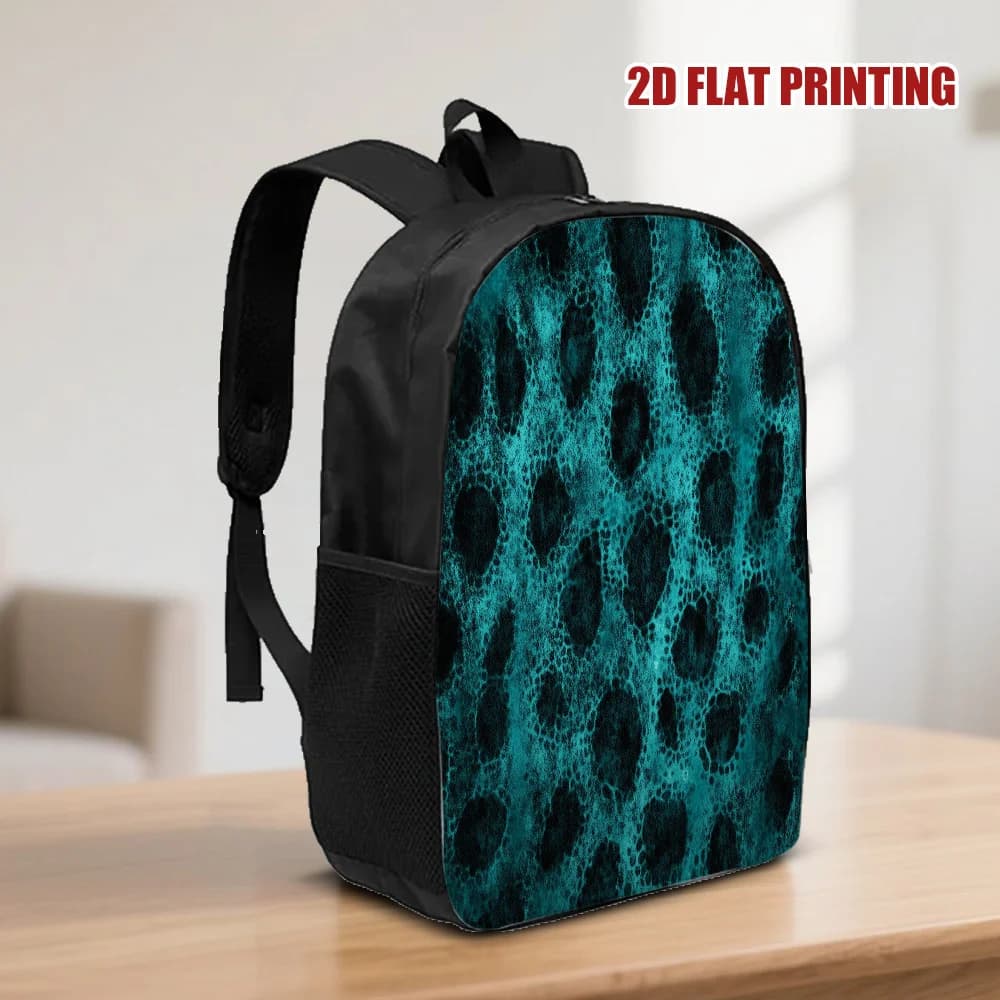 A turquoise backpack with leopard print, adjustable shoulder straps and a spacious compartment, perfect for school