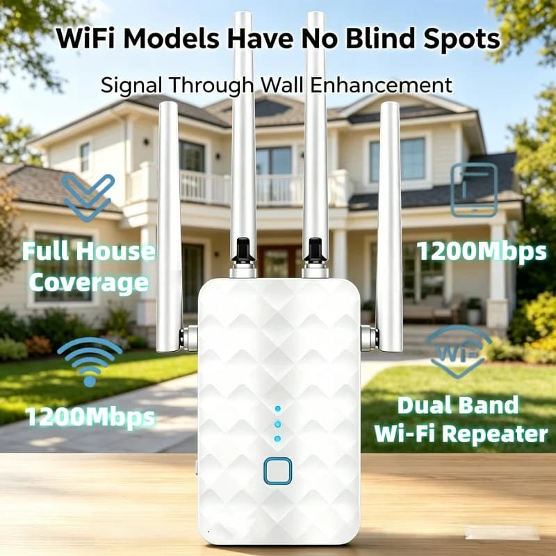 Ripetitore WiFi 1200Mbps Wireless Dual Band 2.4G/5GHz, Amplificatore di Segnale Wi-Fi, Router a Lungo Raggio, Booster ad Alta Velocità
