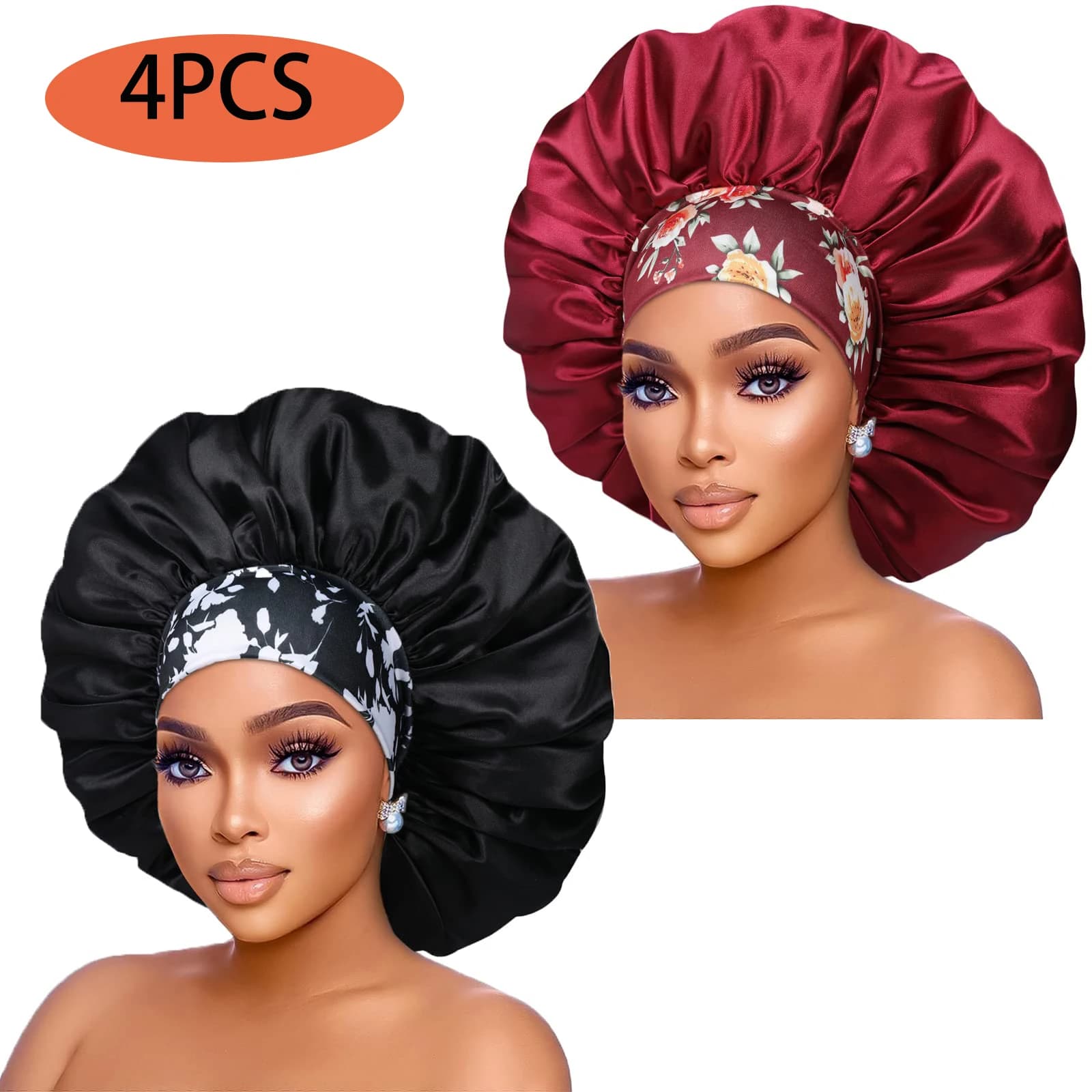 4Pcs Women's Fashion Bonnet Flower Printed Hair Hat with Wide Edge Elastic Silk Smooth Satin Face for Daily Home Sleep Hat