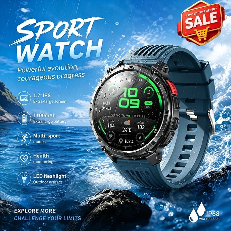 2026New Sports Smart Watch 1.7IPS Large Screen 1100mAh Multi-sport Mode LED Flashlight Outdoor Compass Data Tracking Smart Watch