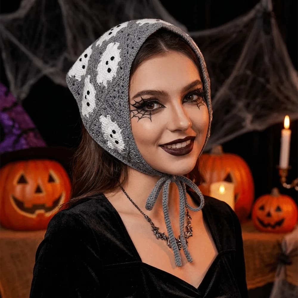Cotton Material Triangle Scarf Bat Adjustable Halloween Headscarf Breathable Spider Web Pattern Knitted Hollow Headband