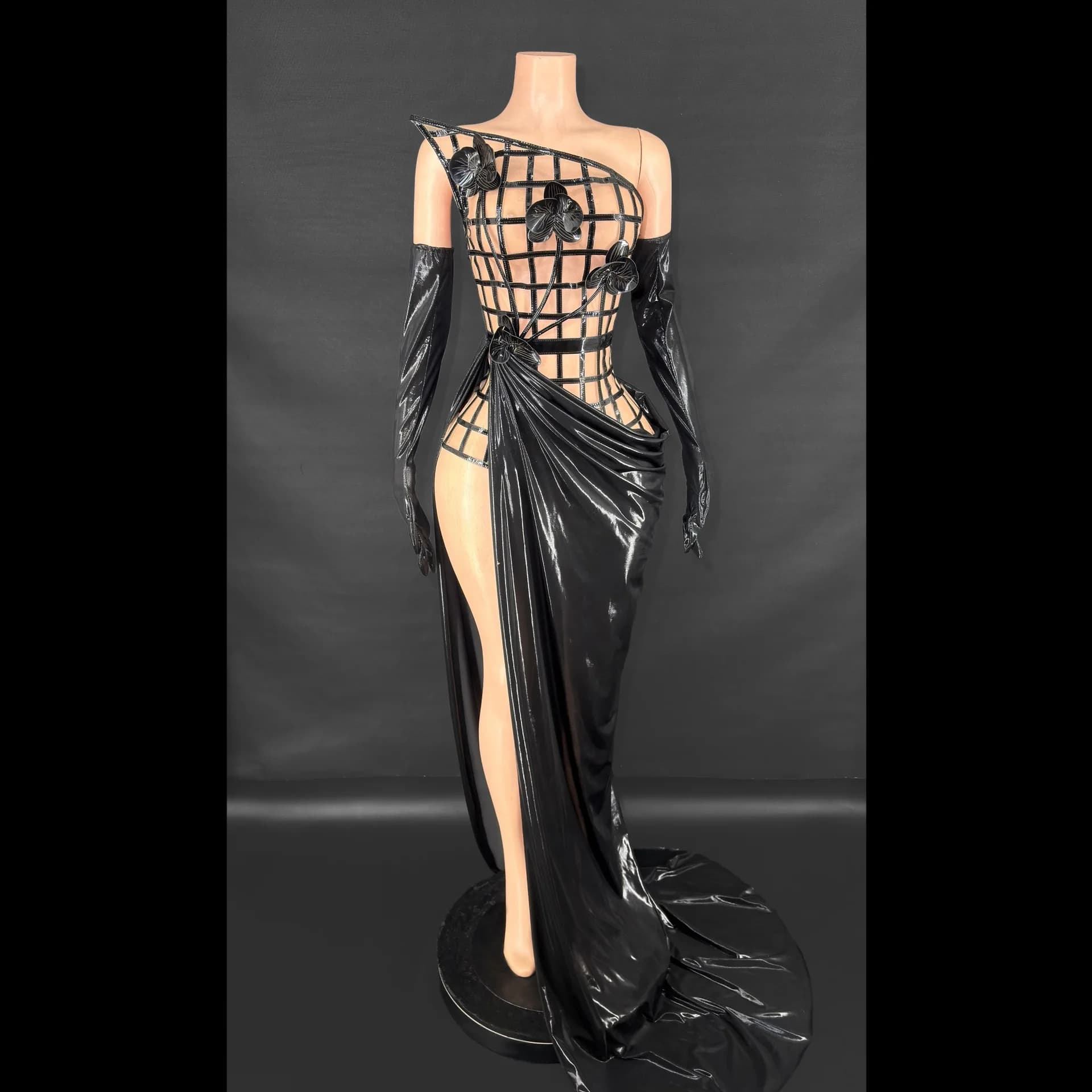 Elegante Abito da Sera Asimmetrico Monospalla Stile Dea Greca, Lungo fino al Pavimento, con Paillettes e Piume, per Red Carpet, Sfilate, Banchetti e Feste