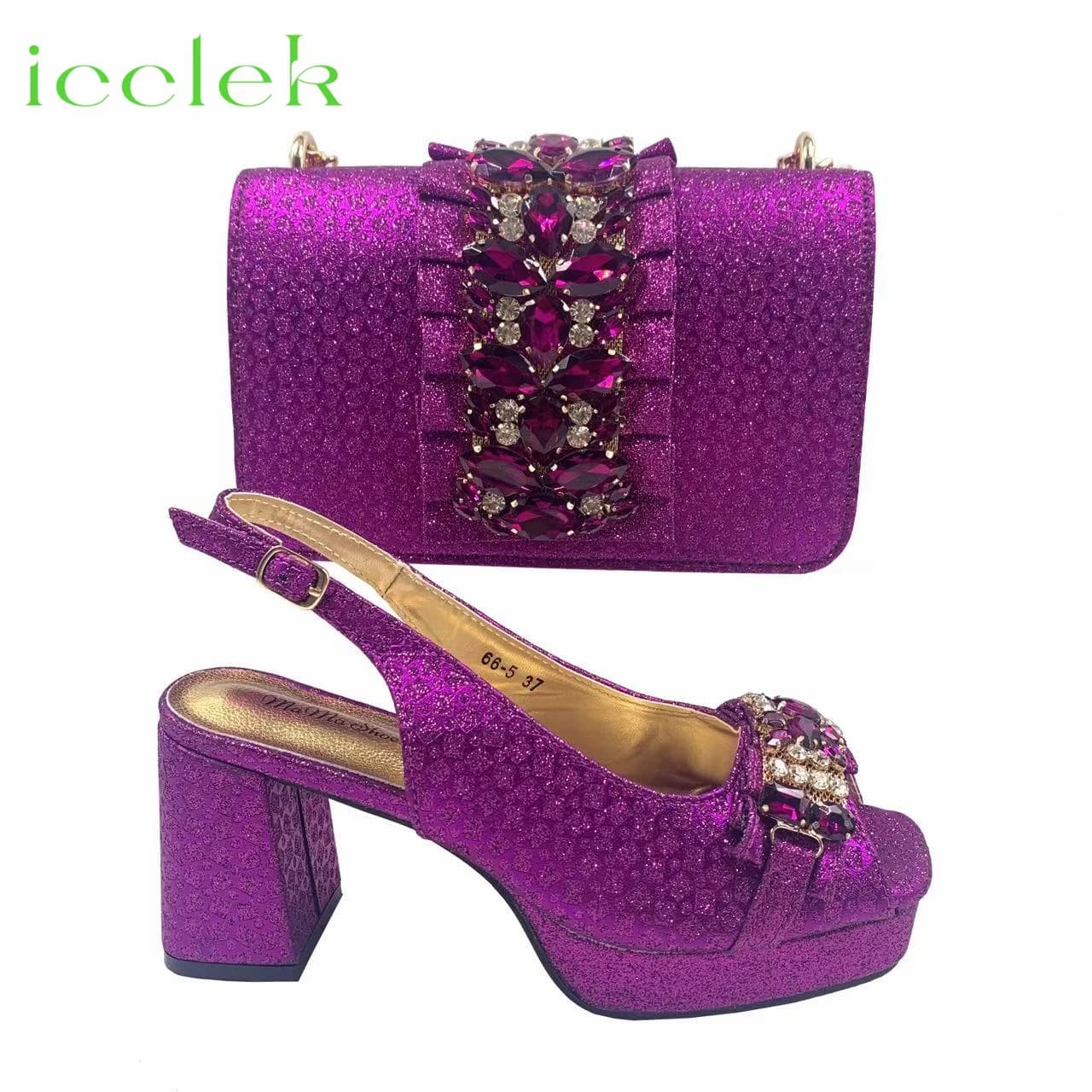 Magenta Italian latest styles women's shoes and bag comfortable and elegant sandals with high heel with decorative rhinestones