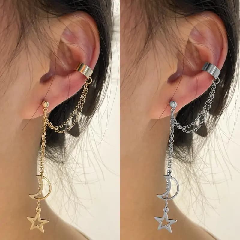 Star Moon Pendant Long Chain Clip On Earrings For Women Vintage Style Perfect For Wedding Event