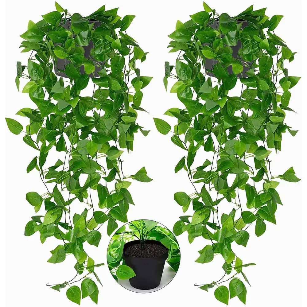 2 Piece Set Artificial Ivy Hanging Plants with Pots for Indoor Outdoor Greenery Decor
