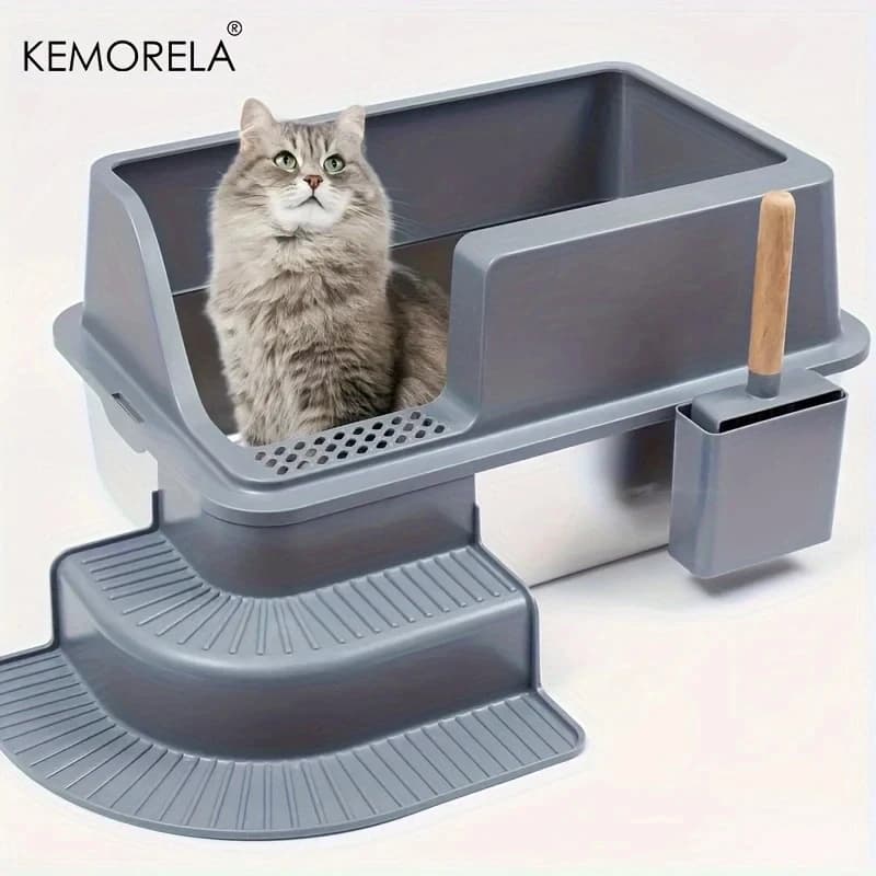 Lettiera per gatti extra large in acciaio inossidabile da 20 litri con poggiapiedi per scale Lettiera per gatti inodore facile da pulire a prova di spruzzi