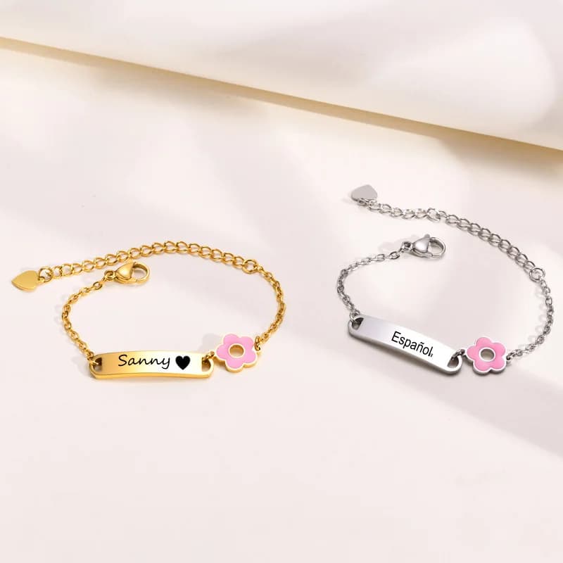 Braccialetto Personalizzato con Nome per Bambini e Bambine, Catena con Fiori, Data e Messaggio Personalizzati, Regalo di Compleanno