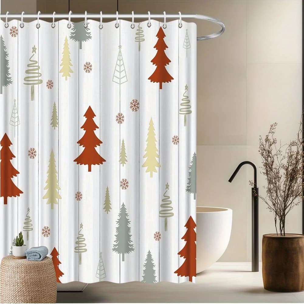 Tenda da doccia con albero di Natale e fiocchi di neve, rosso, verde, crema, tema invernale, decorazione per il bagno in poliestere impermeabile