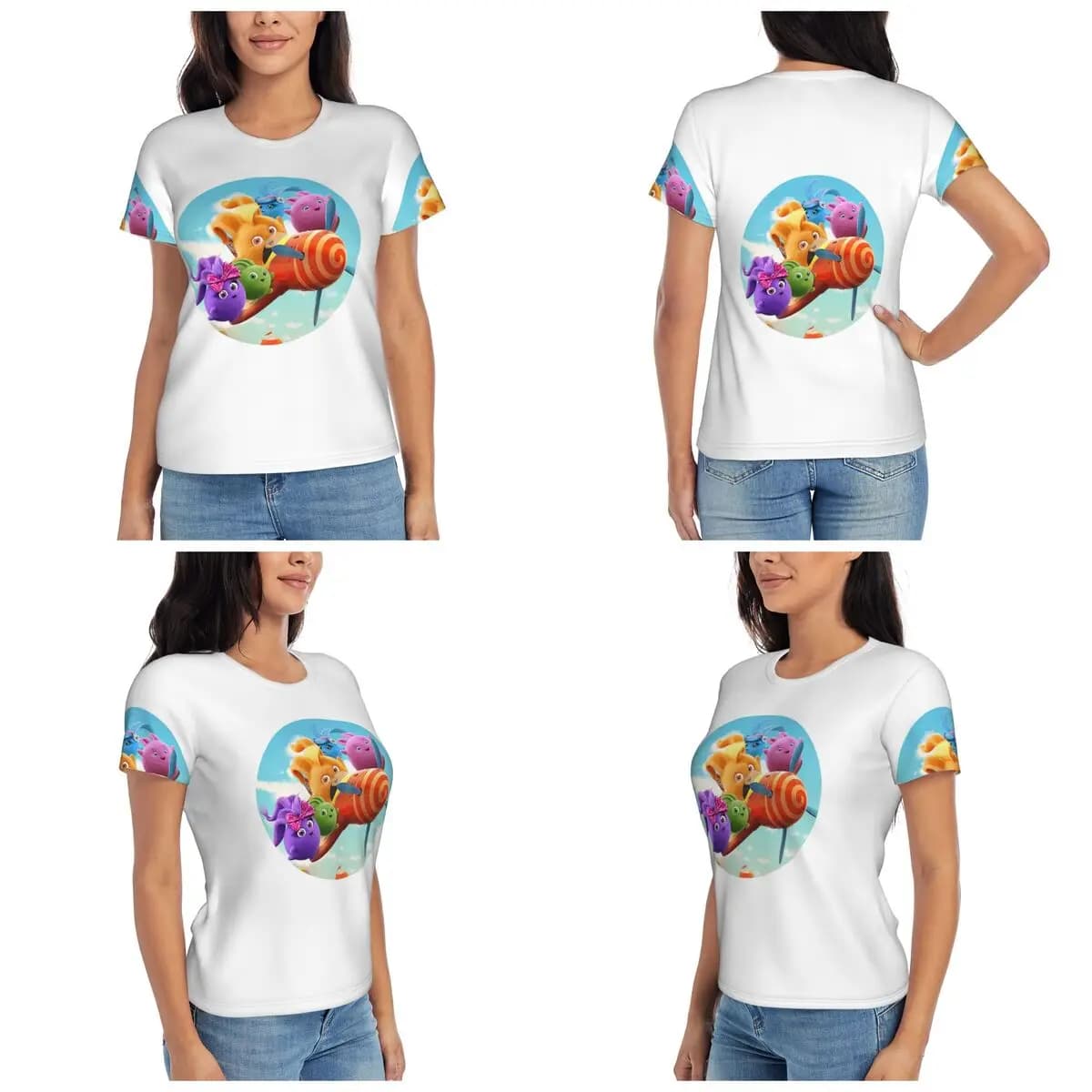 T-shirt Sunny Bunnies Anime Cartoon da donna, a maniche corte, girocollo, in cotone, estiva, streetwear