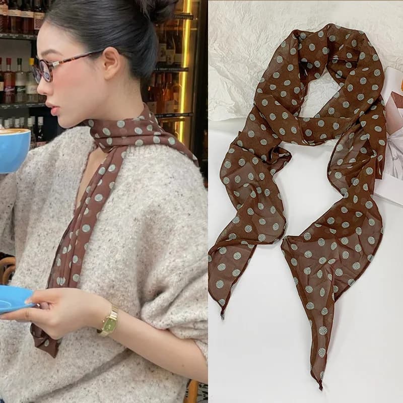 Sciarpa in Seta Marrone a Pois per Donne, Accessorio di Lusso Versatile, Foulard Piccolo, Protezione per il Collo
