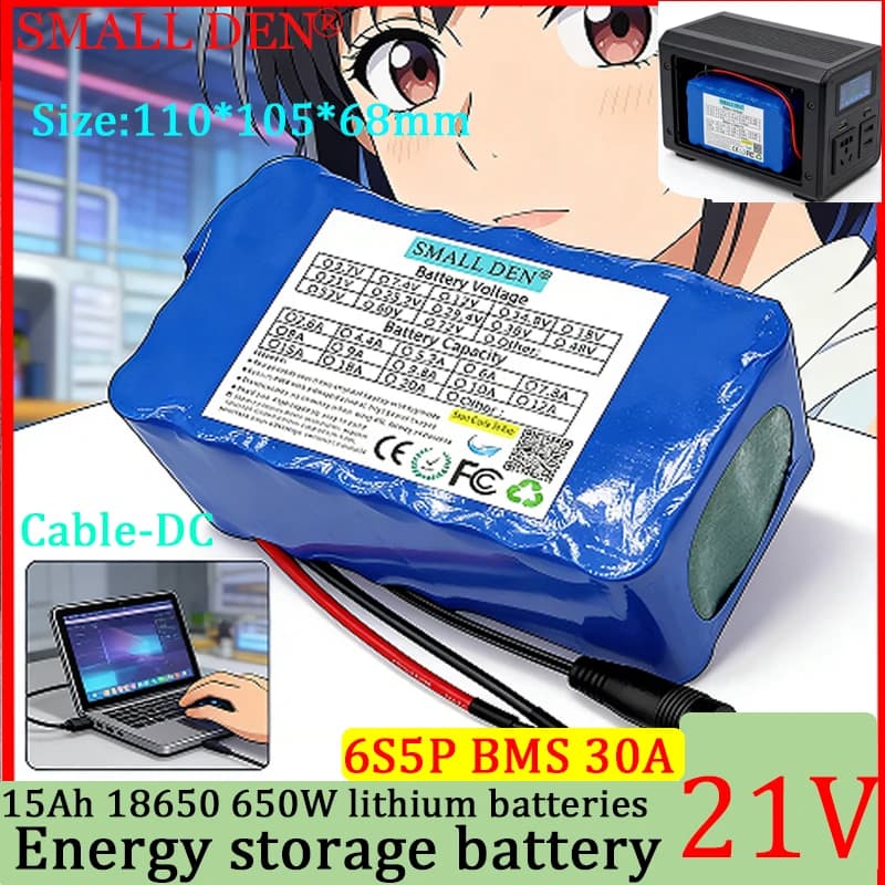 Batteria al Litio 21V 15Ah 18650 per Veicoli Fuoristrada, Scooter 650W, Pannello Solare, Alimentatore di Accumulo Energetico 6S5P+ Caricabatterie 25.2V 5A