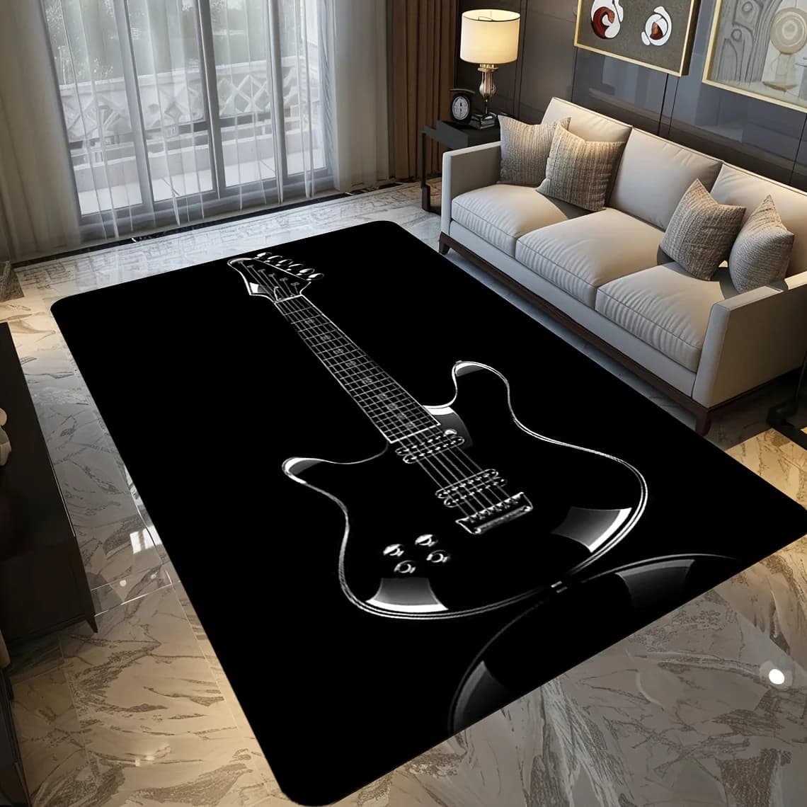 Cool Electric Guitar Flannel Rug Black Musical Instrument Floor Mat Soft Non-slip Area Carpet for Living Room Bedroom Decor