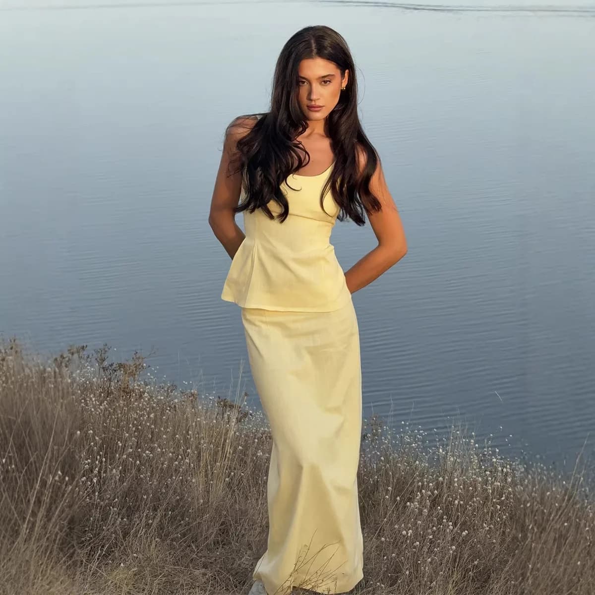 Summer Female 2 Piece-Set Long Skirt Lace-Up Backless Top Pullover +High Waist Slim Maxi Skirt Sets