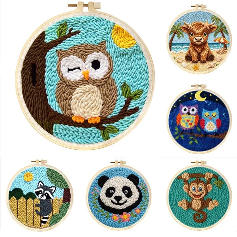 Punch Needle Kits for Adult DIY Punch Needle Yarn Starter Embroidery Set for Craft Cute Animal Printed Pattern for Home Deco