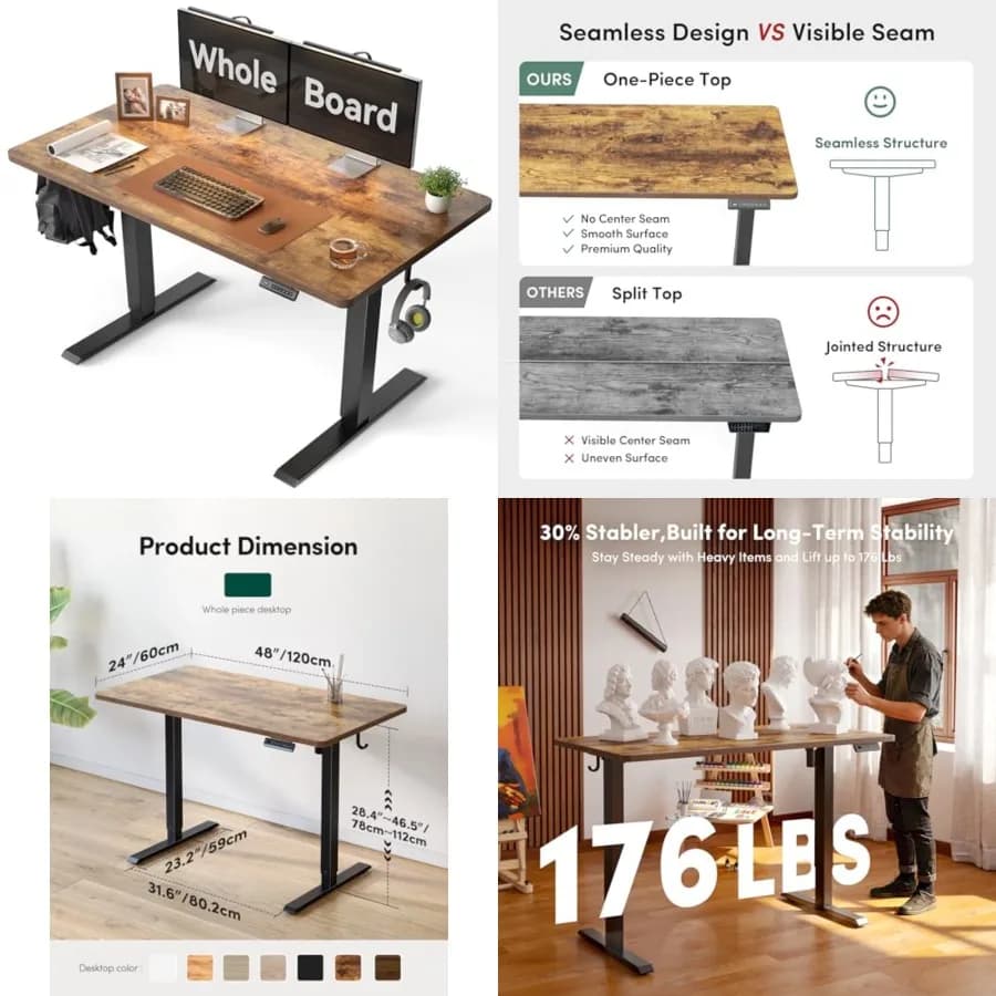 48 x 24 Large One-Piece Standing Desk, Adjustable Height Electric Computer Home Office Sit Stand up Workstation, with 4 Memory Presets, Headphone Hook, Rustic Brown