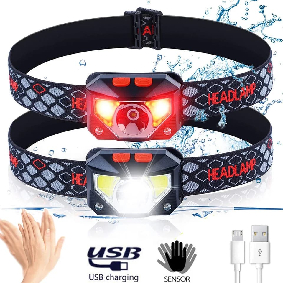 8 Mode LED front torch with motion sensor, powerful COB front lamp for camping and fishing