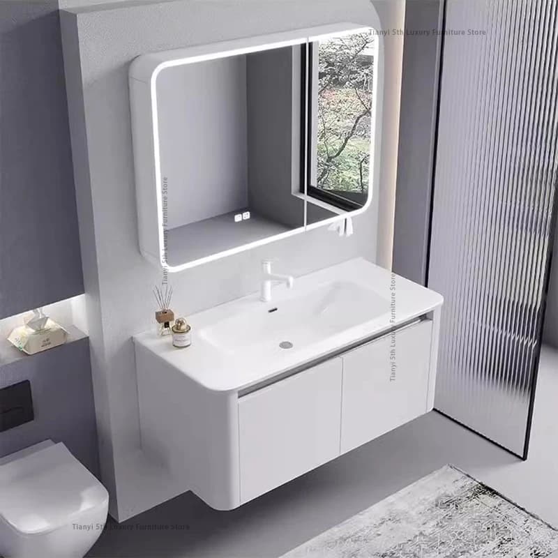 Mobiletto da bagno ad arco circolare in lega di alluminio Mobiletto da bagno combinato con specchio intelligente alla moda in ceramica del nuovo secolo Bagno FYBC