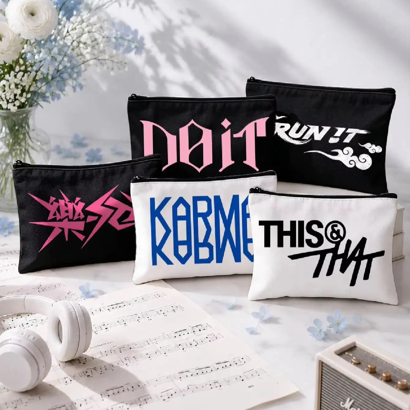 Kpop SKZ Fan‑Designed Canvas Makeup Pouch, Rock‑Star Series Print Zipper Cosmetic Toiletry Bag, Portable Storage Pouch,THIS THAT
