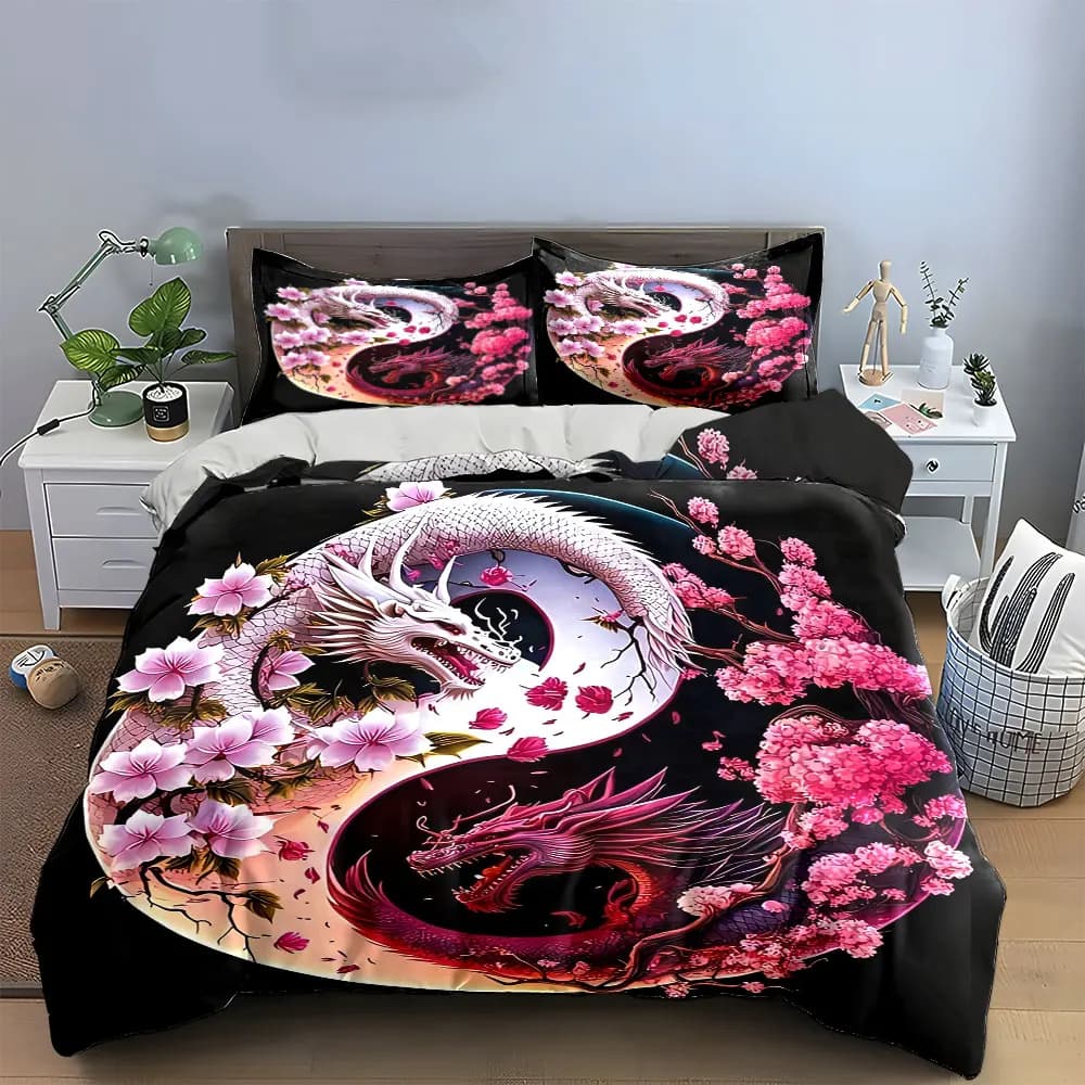 Set Decorativo Dragon Cherry Blossom, Set di Biancheria da Letto Morbido e Delicato sulla Pelle, Include 1 Copripiumino e 2 Federe, Regalo