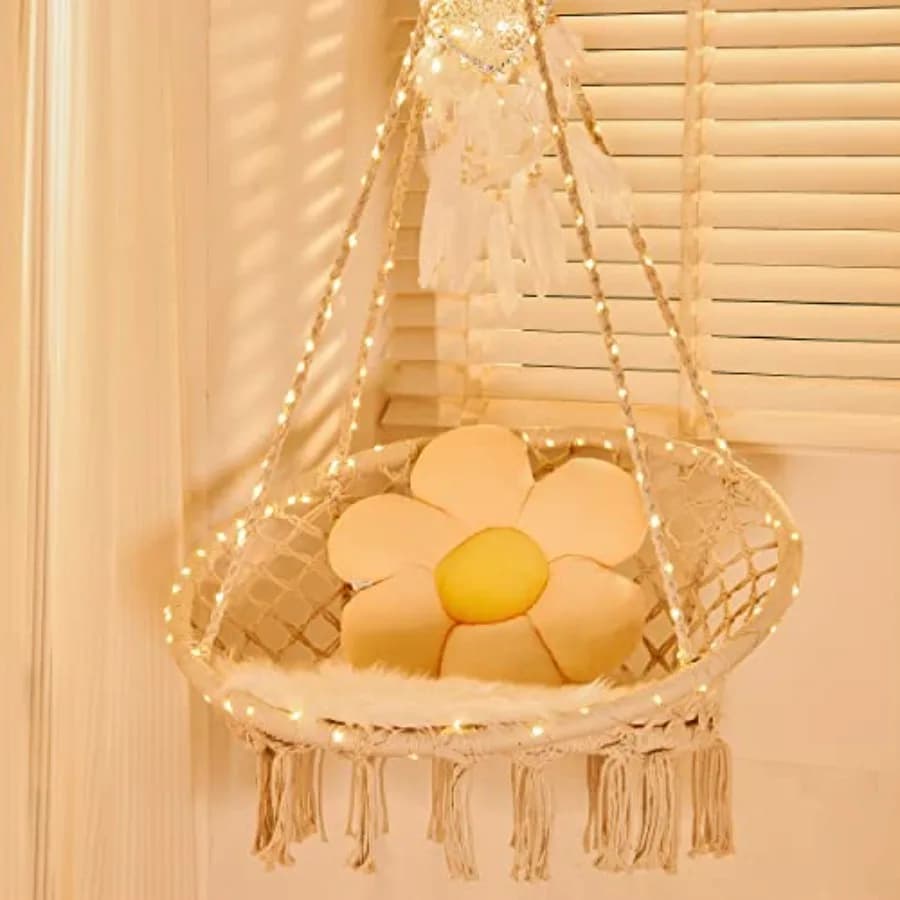 LED Macrame Hammock Hanging Swinging Chair Indoor/Outdoor Hanging Chair with 472" LED String for Bedroom Patio Deck Yard and Ga