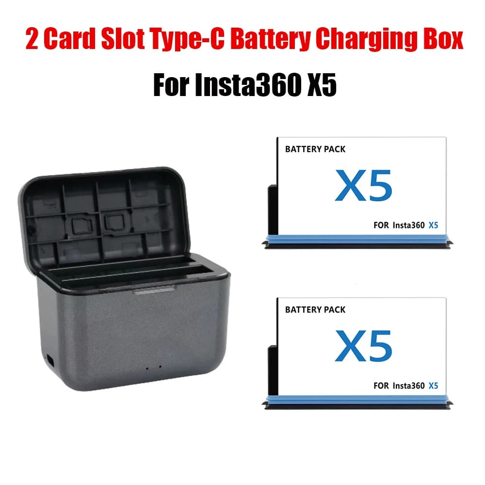 For Insta 360 X5 2800mAh Rechargeable Lithium Ion Battery, Type C Battery Charging Box with 2 Insta360 X5 Hub Card Slots with Double Charger Slots