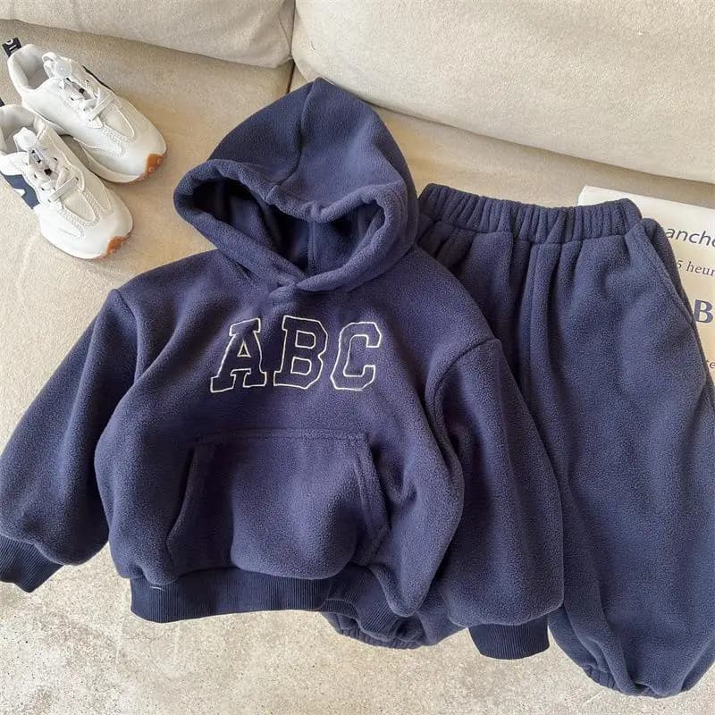 2025 Autumn Winter Boys Clothing Set Double-Sided Velvet Letter Print Thick Hoodies+Pants 2Pcs Suit For 1-8Y Girls Warm Outfit