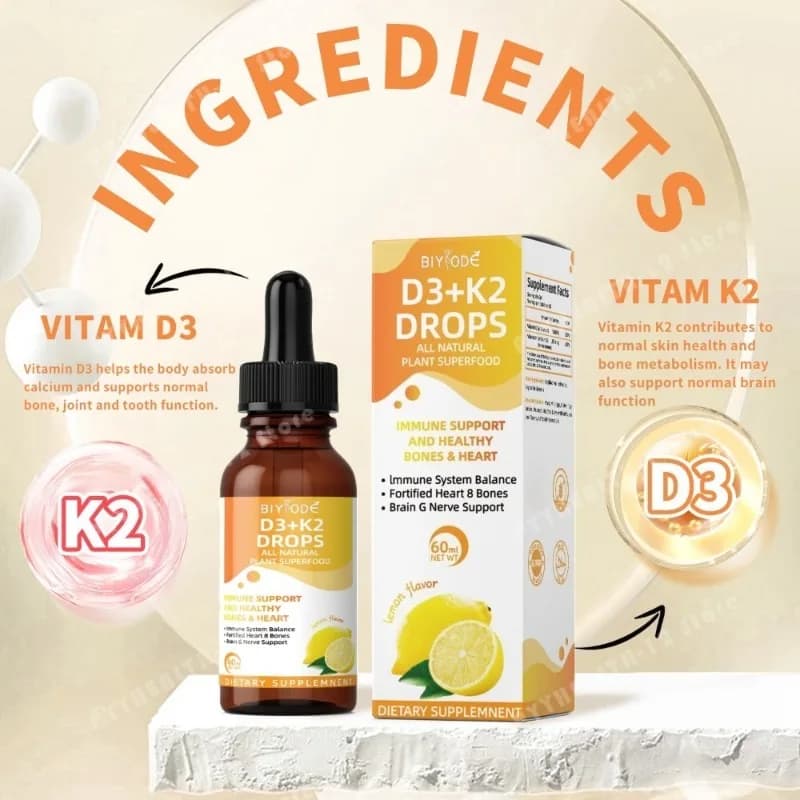 Vitamin D3 K2 Liquid Drops 60ml Lemon Flavor Daily Wellness Supplement for Adults, Bone and Calcium Support, Easy Dropper