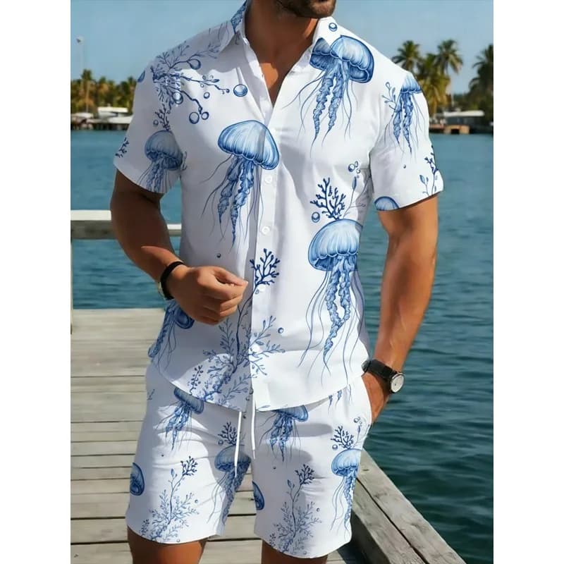 Men's Jellyfish Printed White Blue Polyester Short Sleeve Shirt Shorts Set Lightweight Breathable Beach Holiday Casual Wear