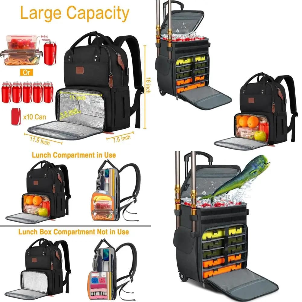 Large Bag Door Tools with Wheels and Thermal Parts, Insulated Lunch Bag, Organizer at 5 Departments, Working Backpack for Women, Laptop Bag with USB Port