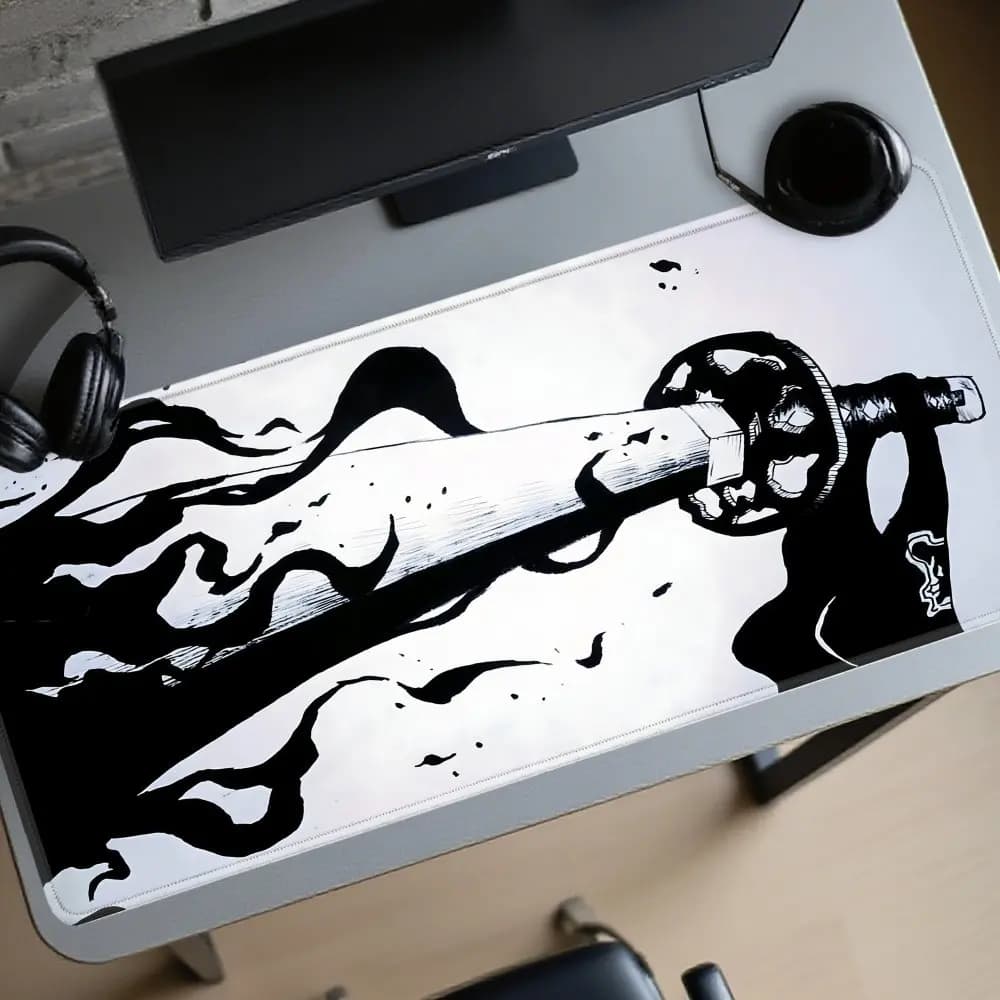 Tappetino per Mouse a Forma di Katana Nera, Base Antiscivolo in Gomma, Bordi Cuciti, per Scrivania e Ufficio