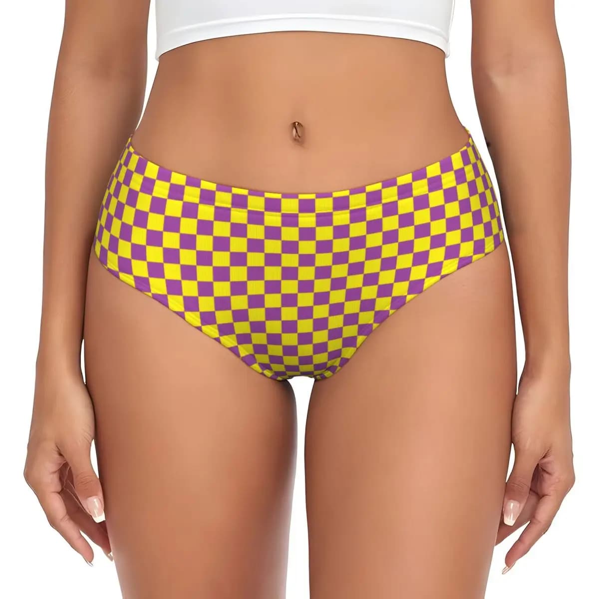 Slip a quadretti personalizzati viola e gialli, intimo elasticizzato da donna, regalo di San Valentino.