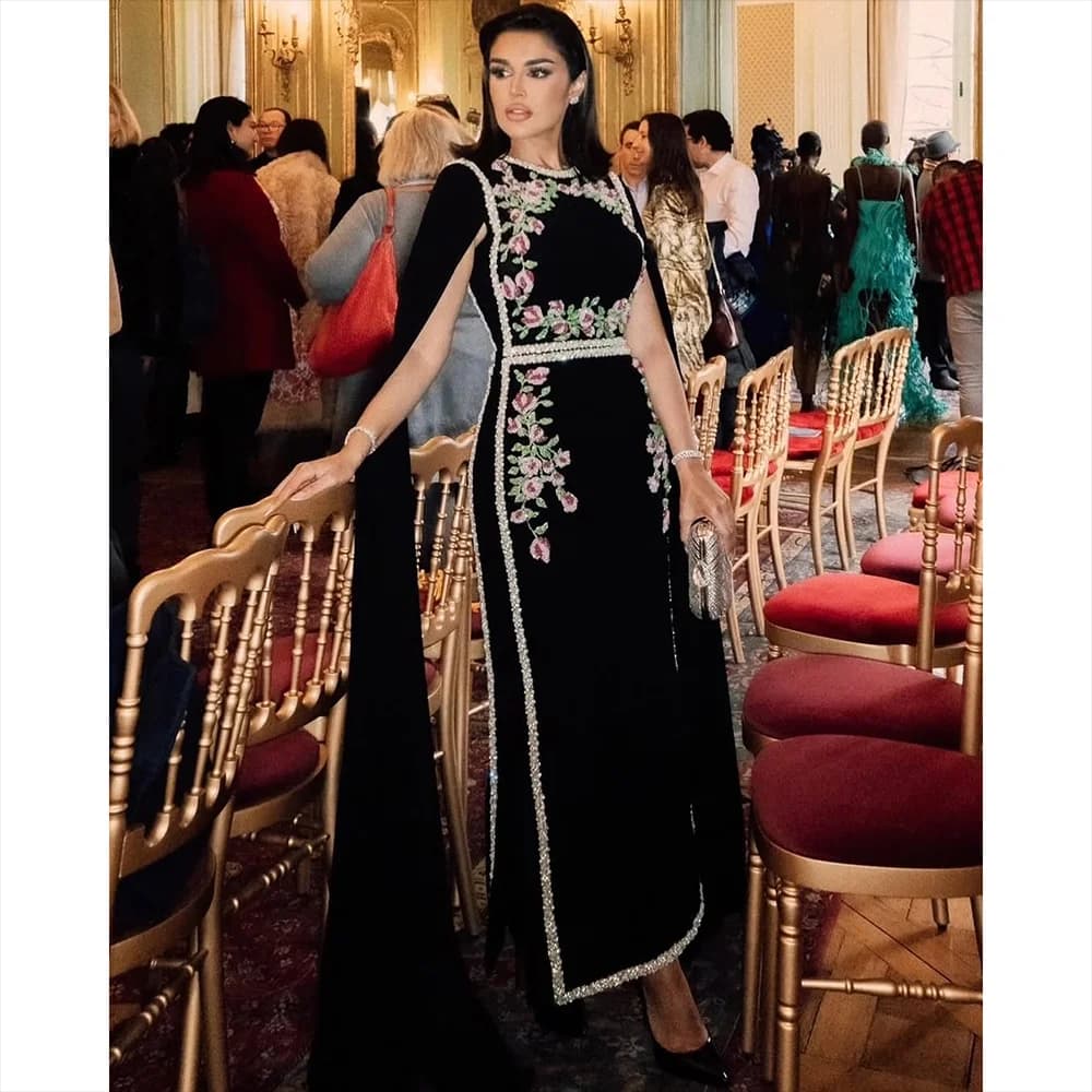 Elegante abito da sera nero per donna maniche lunghe applicazioni abiti da ballo lunghezza pavimento abiti da festa per occasioni formali personalizzati