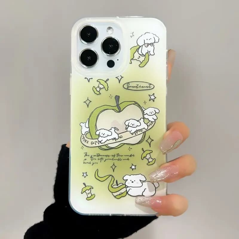 Korean phone case with green apple theme bow, planet and puppy, anti-fall, for iPhone 17 AIR 16 15 14 13 11 PRO MAX PLUS