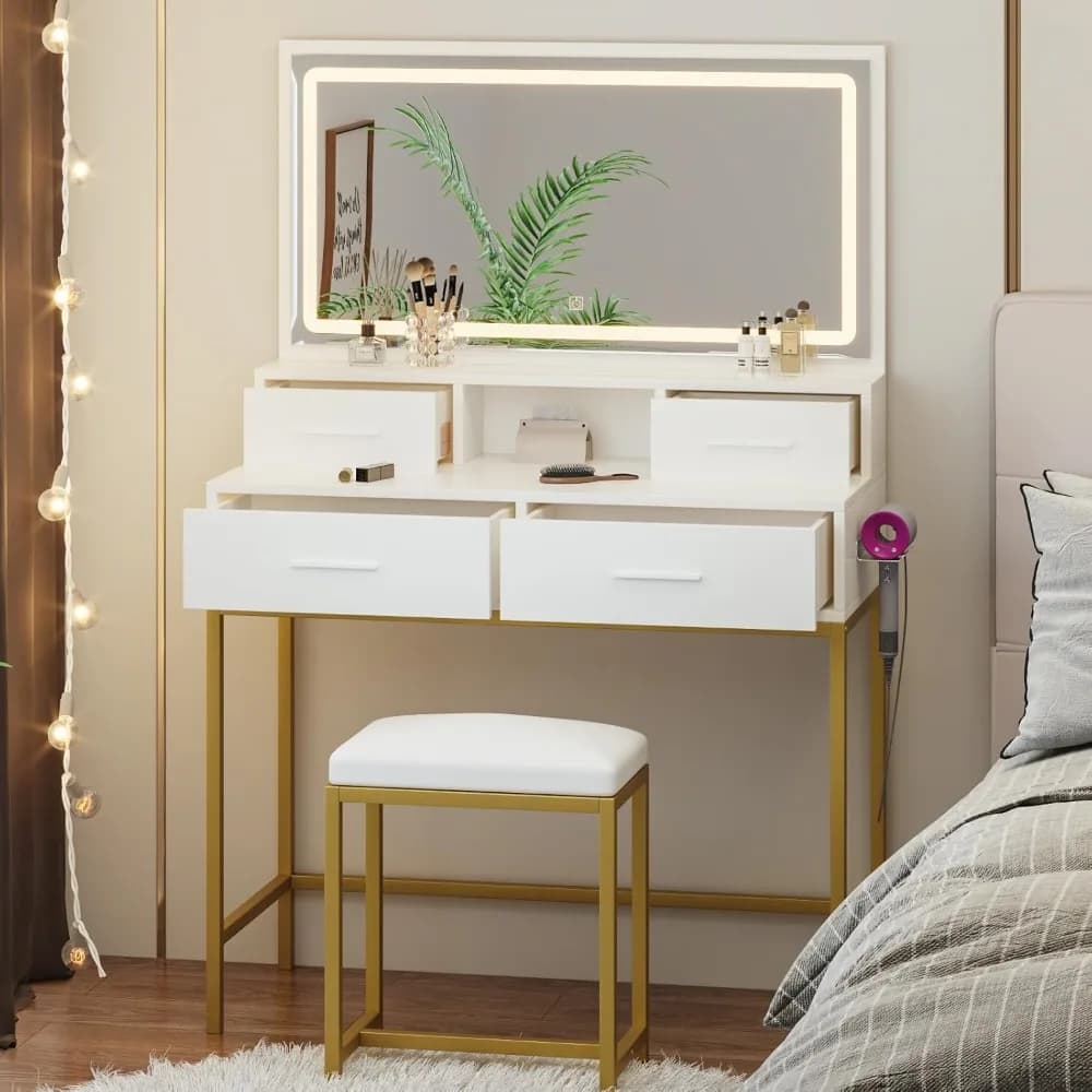 Toeletta moderna con specchio a LED, 4 cassetti portaoggetti, struttura in metallo dorato, supporto per asciugacapelli, sgabello imbottito bianco adatto
