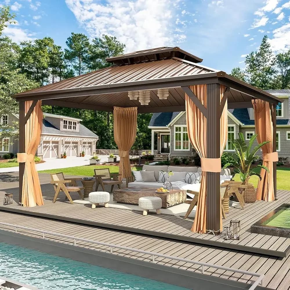 12'x14' Hardtop Gazebo, Metal Double Roo Gazebos with Curtain and Netting,Brown Permanent Galvanized Steel Pavilion or Patio, La