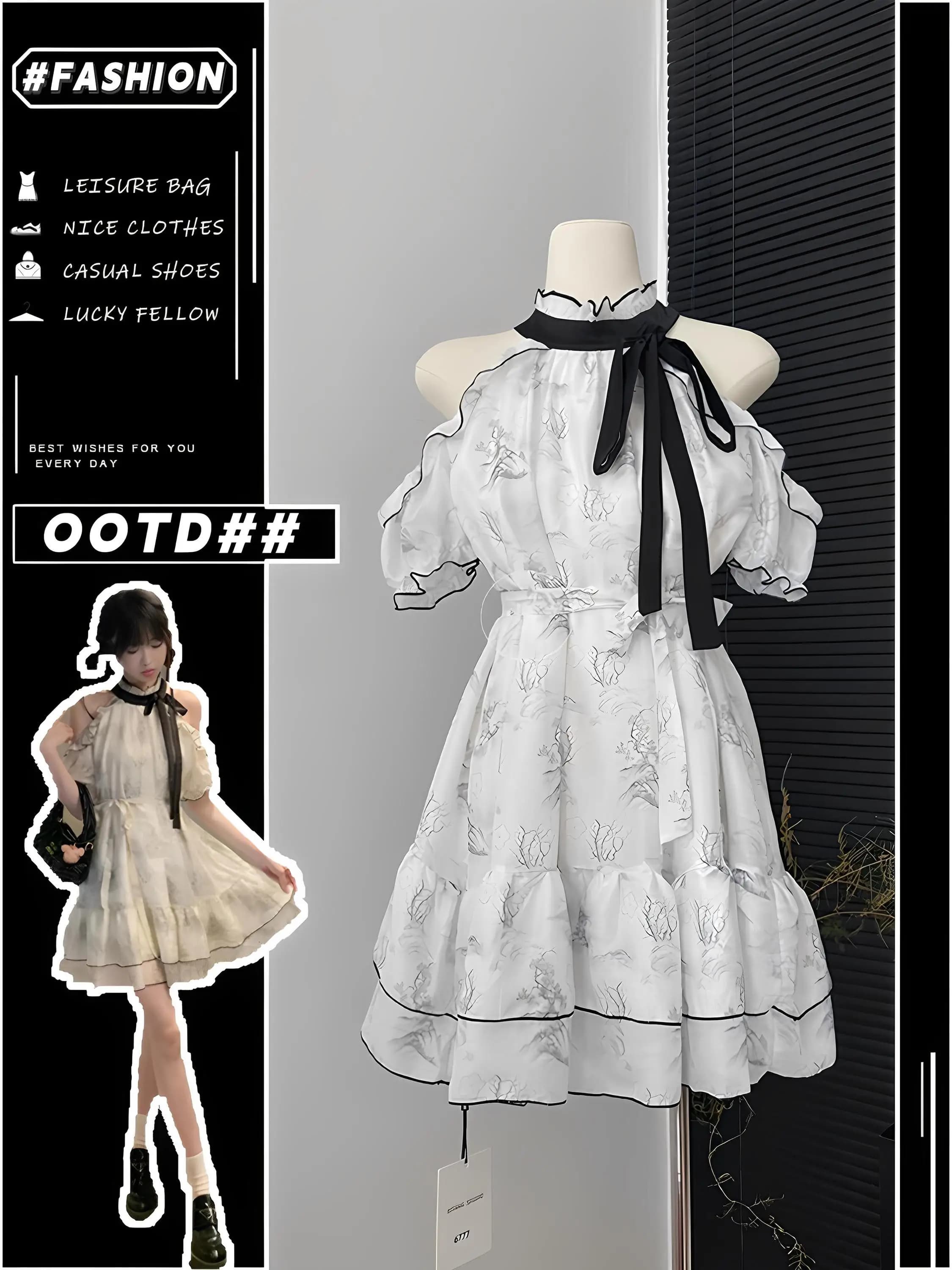 New Chinese Style Loose Slimming Short Dress Women's Summer Gauze Design Shoulder Bared Pleated Skirt-like Dress
