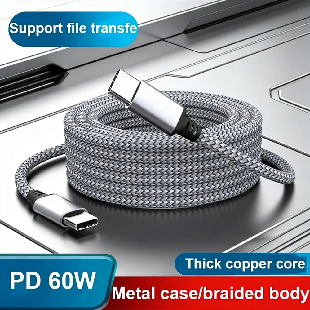 Quick charging cable from 60W from USB-C to USB-C, woven data cable with double PD port, fast charging data cable, extension cable for fast charging.
