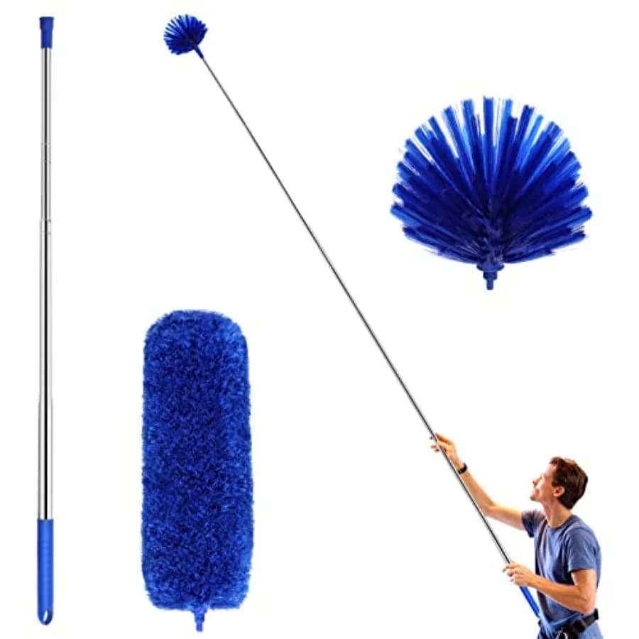 Cobweb Duster with ExtensionPole, Washable Cleaning Duster Kit with 2 DusterHeads, Cobweb Duster, Corner Brush, Telescoping Pol