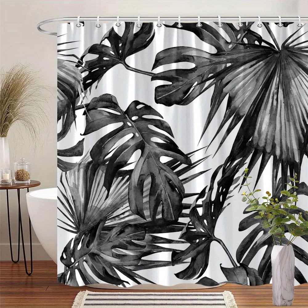 1 pezzo di foglie tropicali in bianco e nero con dettagli ricchi, piante monstera e palme, tenda da doccia digitale ad acquerello