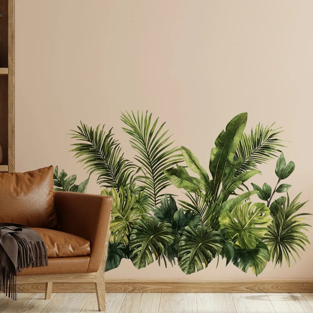 Adesivi Murali con Piante Tropicali Verdi ad Acquerello, Decalcomanie Rimovibili con Foglie di Monstera e Palma, Decorazioni Adesive per Soggiorno