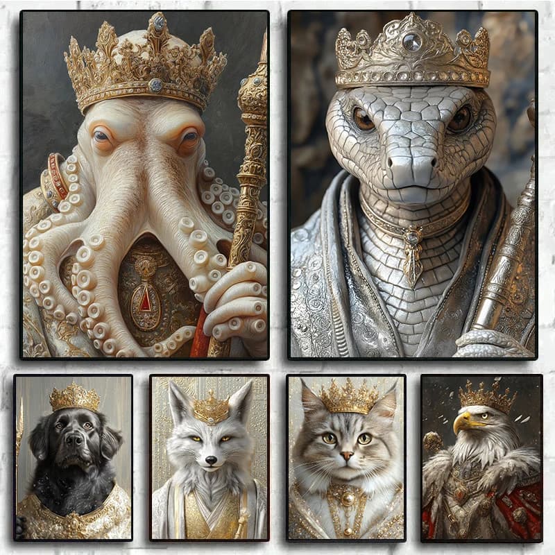 Poster con Ritratti di Animali Reali, Stampe di Serpente Dorato, Polpo, Gatto, Re, Arte Murale con Diamanti per Decorazione Soggiorno