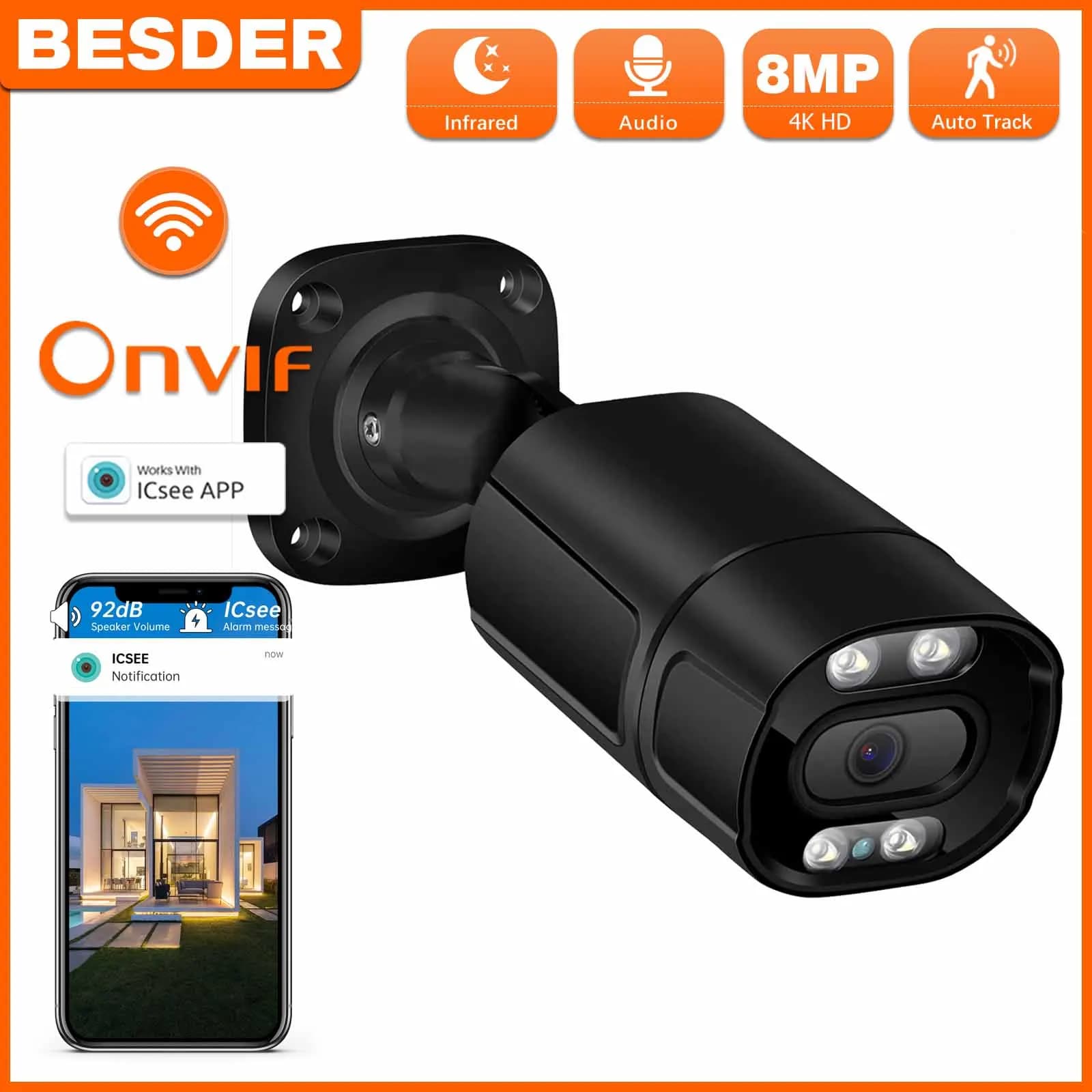 Telecamera IP HD da 5mp 4mp AI rilevamento umanoide telecamera Bullet PoE per esterni IR/visione notturna a colori telecamera di videosorveglianza 1080P BESDER 8MP 4K Wired Security Camera Metal Shell impermeabile