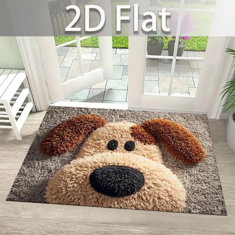VIKAMA Optical Illusion Fluffy Puppy Face Bathroom Rug Grey Shaggy Background Anti Slip Shower Tub Side Floor Carpet