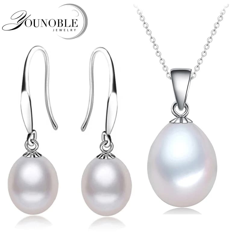 Earrings and Necklace with Natural Freshwater Pearls, 925 Silver Jewelry, Gift for Wife and Mother, Black Pink White