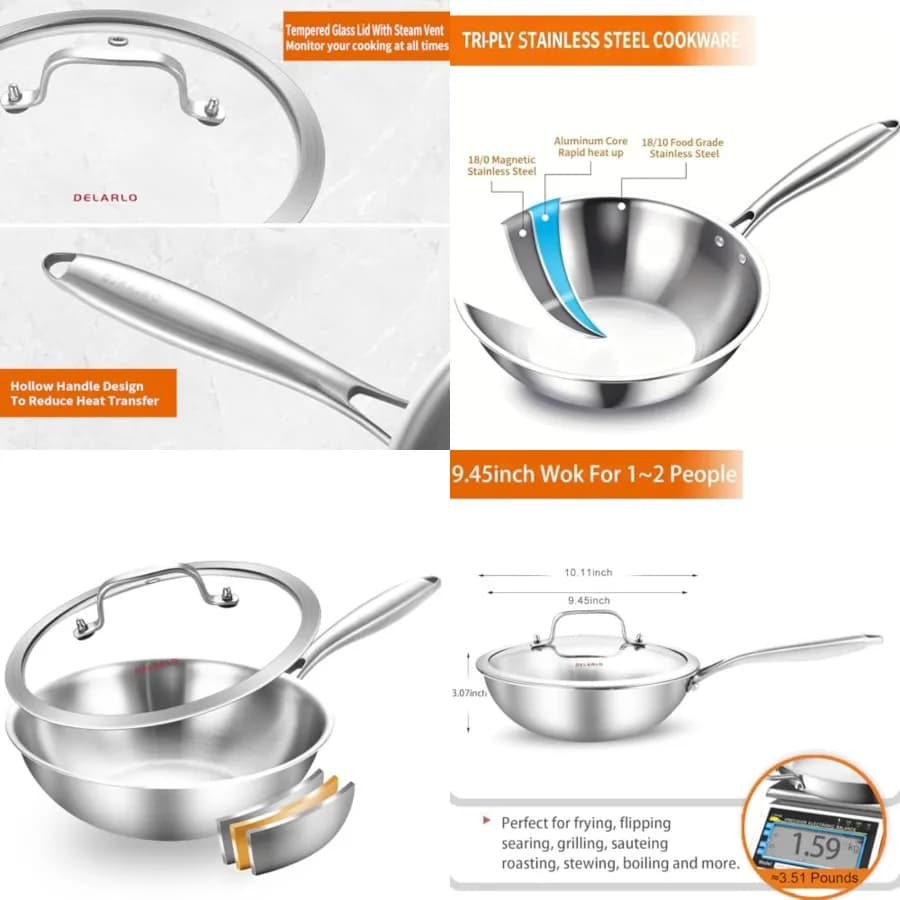 Wok in acciaio inossidabile a tre strati per tutto il corpo, 9,45 pollici, padella profonda per cucinare a wok, piccola padella wok con coperchio, mini wok a induzione, Suita