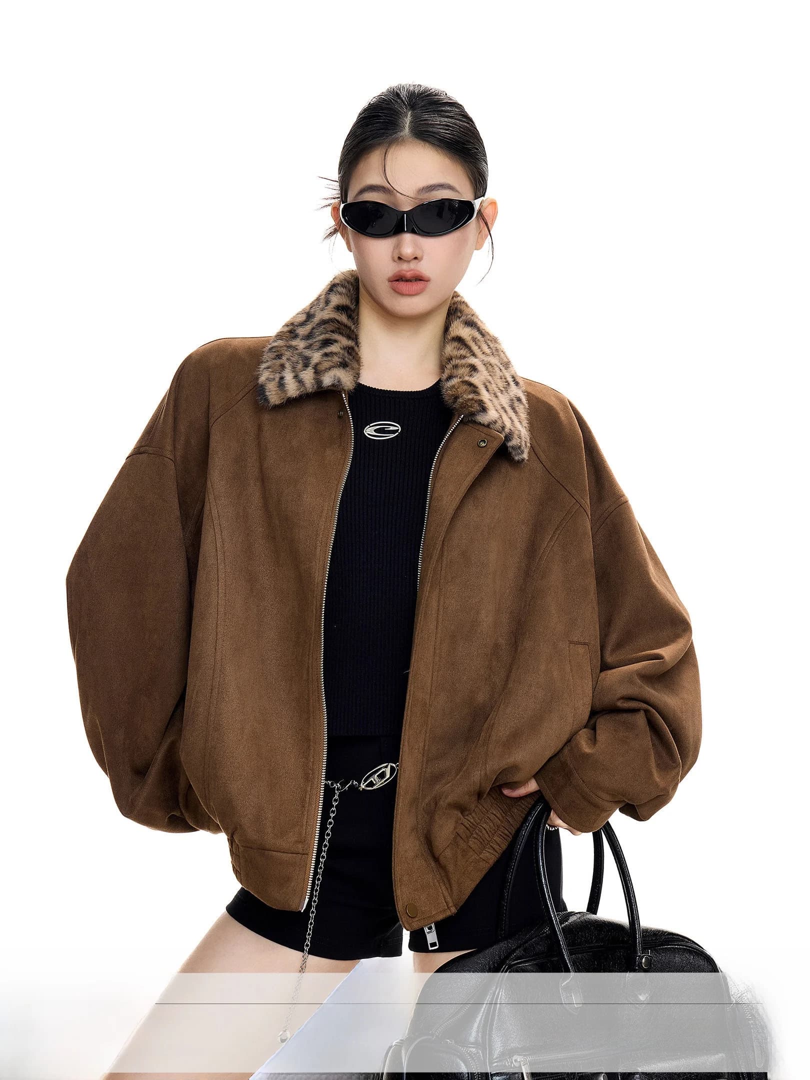 Ich Mode American Retro Suede Leopard Print Collar Jacket Women's Autumn New Style Barn Wind Coat Top Ladies Casual Wear