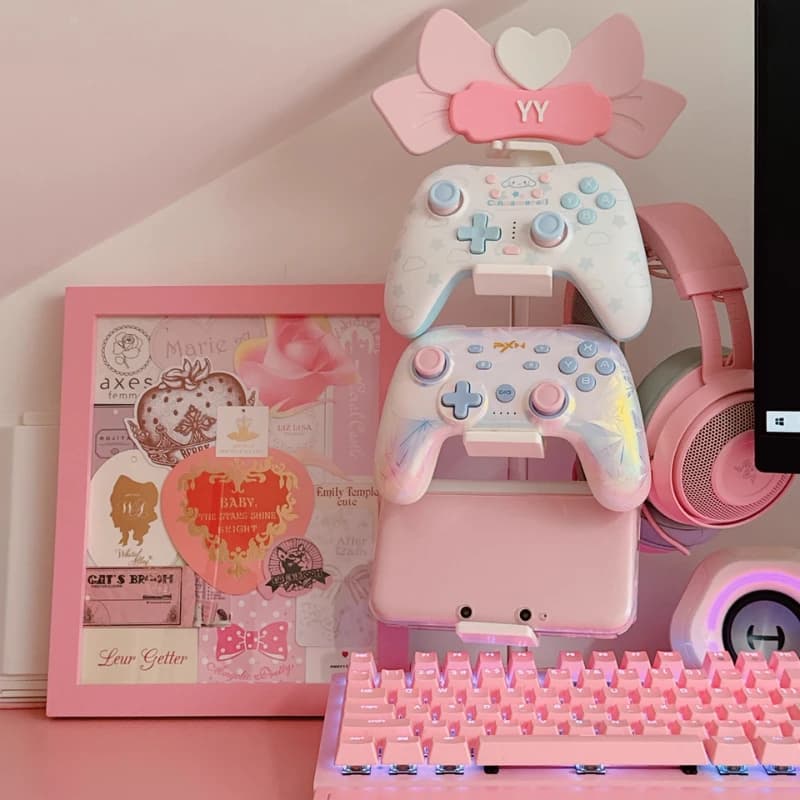 Supporto per Cuffie Personalizzato, Stand per Controller di Gioco, Espositore Multilivello Integrato per Accessori, Carino Accessorio Rosa per Auricolari