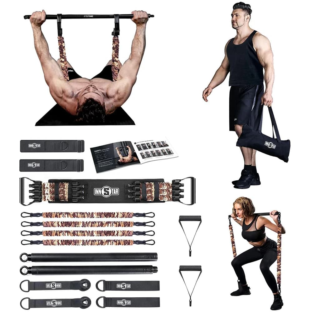 Set di Bande Elastiche per Panca da Allenamento Portatile con Barra per Esercizi, Espansore per Petto, Attrezzatura Fitness per Palestra Domestica