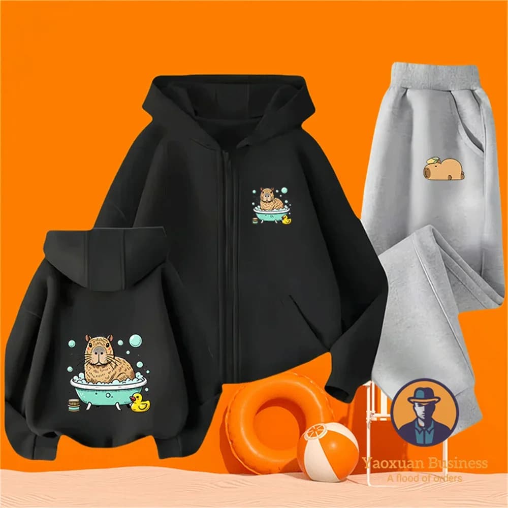 Felpa con Cappuccio e Zip in Puro Cotone con Stampa Cartoon di Capibara per Ragazzi e Ragazze, Moda Streetwear, Set Due Pezzi per Bambini